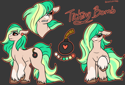 Size: 3814x2609 | Tagged: safe, artist:sexygoatgod, oc, oc only, oc:ticking bomb, earth pony, pony, angry, ear piercing, female, hair over one eye, high res, piercing, reference sheet, solo, unshorn fetlocks