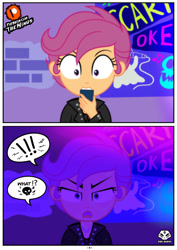 Size: 1414x2000 | Tagged: safe, artist:theminus, scootaloo, human, equestria girls, g4, angry, blacklight, looking at you, show accurate, speech bubble