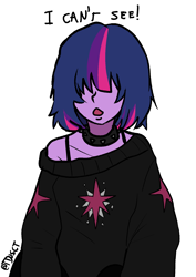 Size: 1446x2039 | Tagged: safe, artist:tacoman dusct, part of a set, twilight sparkle, equestria girls, alternate hairstyle, bangs, black, choker, clothes, cutie mark, cutie mark on clothes, emo, goth, hair covering face, hair over eyes, shoulderless, simple background, solo, studded choker, sweater, text