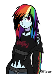 Size: 1446x2039 | Tagged: safe, artist:tacoman dusct, part of a set, rainbow dash, equestria girls, g4, angry, belts, black, black hair, black shirt, choker, clothes, death metal, emo, emo dash, hoodie, scene kid, simple background, solo