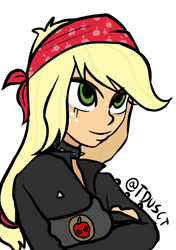 Size: 2039x2893 | Tagged: safe, artist:tacoman dusct, part of a set, applejack, equestria girls, g4, armband, bandana, black, choker, clothes, crossed arms, headband, high res, jacket, leather jacket, makeup, metalhead, rocker, simple background, smiling, solo, spiked choker