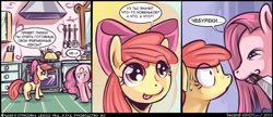 Size: 3750x1616 | Tagged: safe, artist:lexx2dot0, apple bloom, pinkie pie, earth pony, pony, g4, comic, cyrillic, female, filly, knife, mare, mouth hold, pinkamena diane pie, russian, scared, this will end in cupcakes