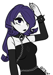 Size: 1446x2039 | Tagged: safe, artist:tacoman dusct, part of a set, rarity, equestria girls, g4, black, black dress, black lipstick, choker, clothes, dress, ear piercing, earring, female, gloves, goth, gothic, jewelry, lidded eyes, lipstick, makeup, piercing, simple background, solo, spiked wristband, wristband