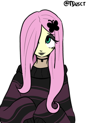 Size: 1446x2039 | Tagged: safe, artist:tacoman dusct, part of a set, fluttershy, butterfly, equestria girls, g4, black, black lipstick, choker, clothes, cutie mark accessory, cutie mark hair accessory, emo, hair accessory, hair over one eye, hairclip, lipstick, makeup, oversized clothes, simple background, solo, striped sweater, sweater, sweatershy