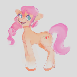Size: 2000x2000 | Tagged: safe, artist:andy lie, sunny starscout, earth pony, pony, g5, my little pony: a new generation, backwards cutie mark, coat markings, female, gray background, high res, looking at you, mare, open mouth, open smile, simple background, smiling, socks (coat markings), solo