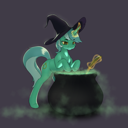Size: 3050x3050 | Tagged: safe, artist:aquaticvibes, lyra heartstrings, pony, unicorn, g4, cauldron, female, glowing, glowing horn, halloween, hat, high res, holiday, horn, mare, simple background, smiling, solo, spoon, witch hat