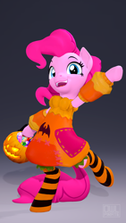 Size: 2160x3840 | Tagged: safe, artist:owlpirate, pinkie pie, earth pony, pony, semi-anthro, g4, 3d, arm hooves, candy, clothes, costume, food, gradient background, high res, open mouth, pumpkin bucket, simple background, socks, source filmmaker, striped socks