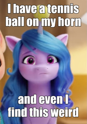 Size: 511x726 | Tagged: safe, edit, edited screencap, screencap, izzy moonbow, pony, unicorn, g5, my little pony: a new generation, spoiler:my little pony: a new generation, :c, ball, caption, cropped, female, frown, horn, hornball, image macro, izzy's tennis ball, mare, solo, tennis ball, text