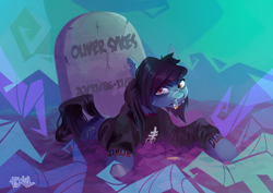 Size: 2000x1419 | Tagged: safe, artist:pixelgreen, earth pony, pony, undead, zombie, zombie pony, blood, bone, bring me the horizon, clothes, commission, drop dead clothing, fangs, gravestone, long sleeves, looking at you, male, nosebleed, oliver sykes, ponified, rainbow blood, shirt, solo, stallion, tattoo, torn ear, ych result