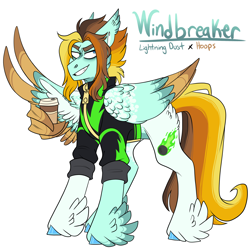 Size: 3000x3000 | Tagged: safe, artist:gingygin, oc, oc only, oc:windbreaker, pegasus, pony, clothes, coffee cup, cup, feathered fetlocks, high res, male, offspring, parent:hoops, parent:lightning dust, parents:hoopsdust, simple background, solo, stallion, uniform, washouts uniform, white background, wing hands, wings