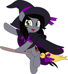 Size: 4585x5000 | Tagged: safe, artist:jhayarr23, pony, unicorn, bow, broom, cape, clothes, commission, disguise, disguised siren, fangs, flying, halloween, happy, hat, holiday, kellin quinn, looking at you, male, open mouth, ponified, raised hoof, shirt, simple background, sleeping with sirens, slit pupils, stallion, t-shirt, transparent background, witch, witch hat, ych result