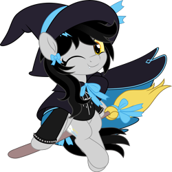 Size: 5005x5000 | Tagged: safe, artist:jhayarr23, oc, oc only, oc:lightning dee, pegasus, pony, bow, bring me the horizon, broom, cape, clothes, colored sclera, commission, fangs, female, flying, folded wings, halloween, happy, hat, holiday, looking at you, mare, one eye closed, simple background, smiling, spiked wristband, transparent background, wings, wink, witch, witch hat, wristband, ych result