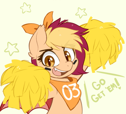 Size: 1287x1163 | Tagged: safe, artist:higglytownhero, oc, oc only, oc:pep rally, bat pony, pony, bandana, bat pony oc, bow, cheerleader, cute, cute little fangs, dialogue, face paint, fangs, female, hair bow, looking at you, mare, open mouth, pom pom, simple background, smiling, smiling at you, white background