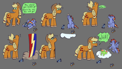 Size: 1280x733 | Tagged: safe, artist:tezzbot, applejack, oc, oc:atlas stratus, oc:zap apple, earth pony, pegasus, pony, g4, action figure, brother and sister, cloud, colt, comic, female, filly, flying, gray background, implied soarin', implied spitfire, implied wonderbolts, magical lesbian spawn, male, mare, mother and child, mother and daughter, mother and son, offspring, on a cloud, parent:applejack, parent:rainbow dash, parents:appledash, pointing, siblings, simple background, sitting, sitting on a cloud