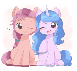 Size: 2219x2043 | Tagged: safe, artist:ginmaruxx, izzy moonbow, sunny starscout, earth pony, pony, unicorn, g5, my little pony: a new generation, spoiler:my little pony: a new generation, blushing, bracelet, cute, duo, female, heart, high res, izzybetes, jewelry, lesbian, one eye closed, open mouth, raised hoof, ship:moonscout, shipping, simple background, sunnybetes, white background