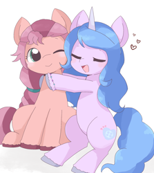 Size: 1864x2089 | Tagged: safe, artist:ginmaruxx, izzy moonbow, sunny starscout, earth pony, pony, unicorn, g5, my little pony: a new generation, spoiler:my little pony: a new generation, cute, duo, female, heart, hug, izzybetes, lesbian, mare, ship:moonscout, shipping, simple background, sunnybetes, white background