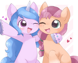 Size: 1898x1534 | Tagged: safe, artist:ginmaruxx, izzy moonbow, sunny starscout, earth pony, pony, unicorn, g5, my little pony: a new generation, blushing, bracelet, cute, duo, female, heart, heart eyes, hug, izzybetes, jewelry, lesbian, mare, one eye closed, open mouth, open smile, ship:moonscout, shipping, simple background, smiling, sunnybetes, unshorn fetlocks, weapons-grade cute, white background, wingding eyes
