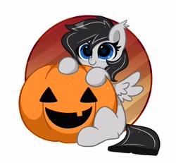 Size: 3670x3387 | Tagged: safe, artist:kittyrosie, part of a set, oc, oc only, pegasus, pony, commission, cute, halloween, high res, holiday, ocbetes, pegasus oc, pumpkin, simple background, solo, starry eyes, white background, wingding eyes, ych result