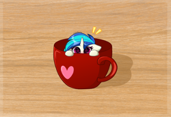 Size: 6192x4248 | Tagged: safe, artist:kittyrosie, dj pon-3, vinyl scratch, pony, unicorn, g4, cup, cup of pony, cute, ethereal mane, female, floppy ears, looking back, mare, micro, missing accessory, smol, solo, starry eyes, teacup, tiny, tiny ponies, vinylbetes, wingding eyes