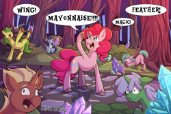 Size: 3000x2000 | Tagged: safe, artist:littletigressda, pinkie pie, oc, earth pony, pony, unicorn, g4, g5, my little pony: a new generation, background pony, bing bong, bridlewood, bridlewood forest, food, forest, g4 to g5, generation leap, high res, mayonnaise, pinkie being pinkie, sauce, silly, time travel, unicorn jinx dance