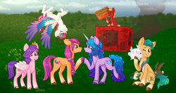 Size: 3420x1809 | Tagged: safe, artist:cartoonboyfriends, cloudpuff, hitch trailblazer, izzy moonbow, pipp petals, sprout cloverleaf, sunny starscout, zipp storm, earth pony, pegasus, pony, unicorn, g5, my little pony: a new generation, america first, bracelet, colored wings, critter magnet, emperor sprout, female, implied kissing, jewelry, lesbian, lesbian in front of boys, male, mane five, mare, multicolored wings, parody, ship:moonscout, shipping, sign, smoke, sprout joins the mane five, stallion, wings