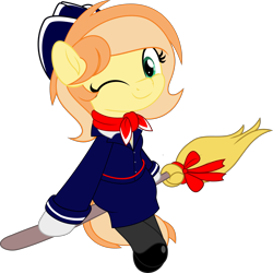 Size: 4997x5000 | Tagged: safe, artist:jhayarr23, oc, oc only, oc:fruitlines, earth pony, pony, absurd resolution, broom, female, flight attendant, flying, flying broomstick, looking at you, mare, simple background, solo, stewardess, transparent background
