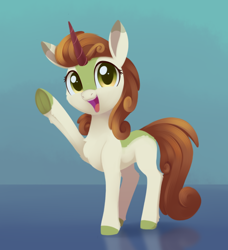 Size: 912x1000 | Tagged: safe, artist:dusthiel, autumn blaze, pony, unicorn, g4, colored horn, frog (hoof), horn, open mouth, open smile, ponified, ponytober, smiling, solo, species swap, underhoof, waving