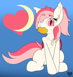 Size: 3075x3263 | Tagged: safe, artist:gnashie, oc, oc only, oc:blood moon, bat pony, pony, abstract background, bat pony oc, blind eye, curious, cutie mark, ear fluff, ear piercing, earring, fangs, food, herbivore, high res, jewelry, looking at you, mango, necklace, piercing, ponytail, sitting, solo, wings