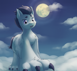 Size: 5407x5000 | Tagged: safe, artist:aquoquoo, rumble, hengstwolf, pegasus, pony, werewolf, g4, cheek fluff, chest fluff, claws, cloud, ear fluff, fangs, moon, on a cloud, open mouth, solo