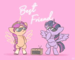 Size: 560x448 | Tagged: safe, artist:sugar morning, sunny starscout, twilight sparkle, alicorn, earth pony, pony, g4, g5, my little pony: a new generation, animated, artificial horn, artificial wings, augmented, bipedal, butt shake, dancing, gif, happy birthday mlp:fim, horn, magic, magic horn, magic wings, mlp fim's eleventh anniversary, pink background, race swap, radio, simple background, sunglasses, sunny and her heroine, sunnycorn, swag, text, twilight sparkle (alicorn), wings