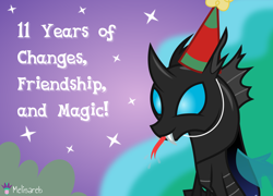 Size: 5556x4000 | Tagged: safe, artist:melisareb, kevin, changeling, g4, .svg available, :p, absurd resolution, fangs, forked tongue, happy birthday mlp:fim, hat, male, mlp fim's eleventh anniversary, party hat, raspberry, solo, stallion, text, tongue out, vector
