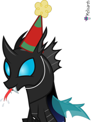 Size: 4000x5376 | Tagged: safe, alternate version, artist:melisareb, kevin, changeling, g4, .svg available, :p, absurd resolution, fangs, forked tongue, happy birthday mlp:fim, hat, male, mlp fim's eleventh anniversary, party hat, raspberry, simple background, solo, stallion, tongue out, transparent background, vector