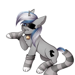 Size: 1280x1280 | Tagged: safe, artist:eggguy, oc, oc:sekr gray, pony, unicorn, bell, blue eyes, cat bell, clothes, collar, eyepatch, paw socks, simple background, socks, solo, transparent background