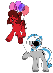 Size: 1600x2182 | Tagged: safe, artist:thieftea, oc, oc:cinnamon pop, oc:sekr gray, pegasus, pony, unicorn, balloon, bowtie, excited, eyepatch, flying, happy, simple background, white background