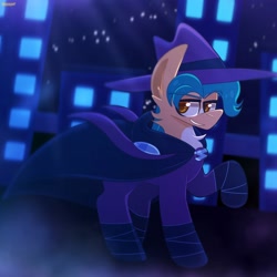 Size: 2000x2000 | Tagged: safe, artist:saveraedae, hitch trailblazer, mare do well, earth pony, pony, g5, my little pony: a new generation, cape, chest fluff, clothes, costume, ear fluff, hat, high res, male, night, raised hoof, solo, stallion, stallion do well