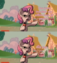 Size: 1276x1416 | Tagged: safe, artist:derkrazykraut, editor:fluttershyisnot adoormat, sweetie belle, pony, unicorn, g4, exploitable meme, female, filly, meme, microphone, offended, ponified meme, reaction image, smiling