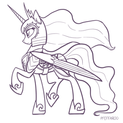 Size: 2048x2048 | Tagged: safe, artist:pfeffaroo, princess celestia, alicorn, pony, armor, female, helmet, high res, mare, monochrome, profile, raised hoof, side view, simple background, solo, standing on two hooves, warrior, warrior celestia, white background