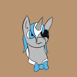 Size: 1000x1000 | Tagged: safe, artist:artemis whooves, oc, oc only, oc:sekr gray, pony, blue eyes, bowtie, eyepatch, simple background, solo