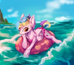 Size: 3302x2877 | Tagged: safe, artist:rottengotika, oc, oc only, pegasus, pony, beach, cloud, high res, inner tube, ocean, palm tree, sky, solo, tree, water
