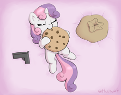 Size: 2756x2164 | Tagged: safe, artist:heretichesh, sweetie belle, pony, unicorn, g4, bag, colored, cookie, cute, diasweetes, eating, eyebrows, eyebrows visible through hair, eyes closed, female, filly, food, gun, handgun, happy, herbivore, high angle, high res, horn, lying down, nom, on back, overhead view, pistol, robbery, sack, simple background, solo, tail, two toned mane, two toned tail