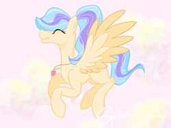 Size: 1080x809 | Tagged: safe, artist:turtletroutstudios, oc, oc only, pegasus, pony, abstract background, colored wings, eyes closed, female, jewelry, mare, necklace, pegasus oc, signature, smiling, solo, two toned wings, wings