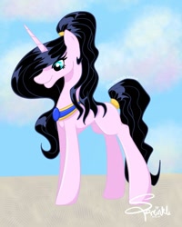 Size: 1080x1349 | Tagged: safe, artist:turtletroutstudios, oc, oc only, pony, unicorn, concave belly, eyelashes, female, horn, jewelry, mare, necklace, signature, smiling, solo, tail, tail wrap, unicorn oc