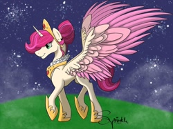 Size: 1080x809 | Tagged: safe, artist:turtletroutstudios, oc, oc only, alicorn, pony, alicorn oc, concave belly, female, hoof shoes, horn, jewelry, mare, night, peytral, signature, smiling, solo, stars, tiara, wings