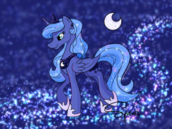 Size: 1366x1024 | Tagged: safe, artist:turtletroutstudios, princess luna, alicorn, pony, g4, concave belly, crescent moon, ethereal mane, female, hoof shoes, horn, jewelry, mare, moon, peytral, raised hoof, signature, smiling, solo, starry mane, stars, tiara, transparent moon, wings