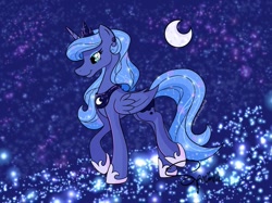 Size: 1023x767 | Tagged: safe, alternate version, artist:turtletroutstudios, princess luna, alicorn, pony, g4, concave belly, crescent moon, ethereal mane, female, hoof shoes, horn, jewelry, mare, moon, peytral, raised hoof, signature, smiling, solo, starry mane, stars, tiara, transparent moon, wings