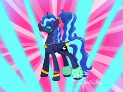 Size: 1366x1024 | Tagged: safe, artist:turtletroutstudios, princess luna, alicorn, pony, between dark and dawn, g4, 80s princess luna, abstract background, alternate hairstyle, eyelashes, eyes closed, female, glowstick, horn, jewelry, makeup, mare, necklace, signature, smiling, solo, wings