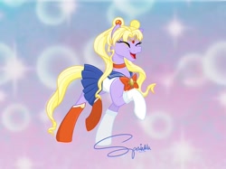 Size: 1023x767 | Tagged: safe, artist:turtletroutstudios, earth pony, pony, :d, abstract background, choker, clothes, eyelashes, eyes closed, female, mare, open mouth, open smile, ponified, raised hoof, sailor moon, sailor moon (series), signature, smiling, socks, solo, tsukino usagi