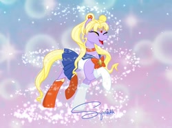 Size: 1023x767 | Tagged: safe, artist:turtletroutstudios, earth pony, pony, :d, abstract background, choker, clothes, eyelashes, eyes closed, female, mare, open mouth, open smile, ponified, raised hoof, sailor moon, sailor moon (series), signature, smiling, socks, solo, tsukino usagi