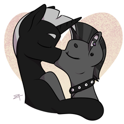 Size: 3000x3000 | Tagged: safe, artist:zombietator, oc, oc only, earth pony, pony, unicorn, abstract background, bust, collar, ear piercing, earth pony oc, high res, horn, kissing, male, mohawk, piercing, signature, spiked collar, stallion, unicorn oc