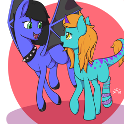 Size: 3000x3000 | Tagged: safe, artist:zombietator, oc, oc only, bat pony, pony, abstract background, bat pony oc, bat wings, bracelet, choker, duo, high res, hoof polish, jewelry, looking at each other, signature, spiked choker, wings